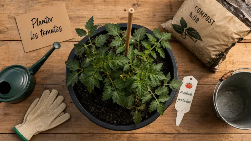 Plant tomate en pot avec tuteur, prêt à planter