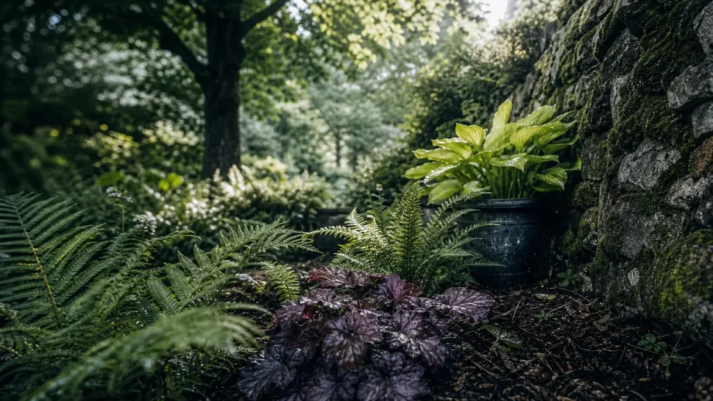 Plantes d'ombres extérieur : fougères et heuchères en jardin ombragé