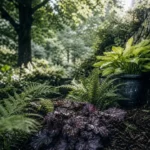 Plantes d'ombres extérieur : fougères et heuchères en jardin ombragé