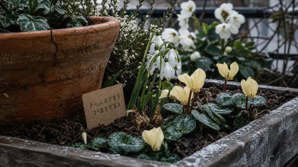 Plantes d'hiver extérieur : bruyère d’hiver, cyclamen coum et feuillage persistant
