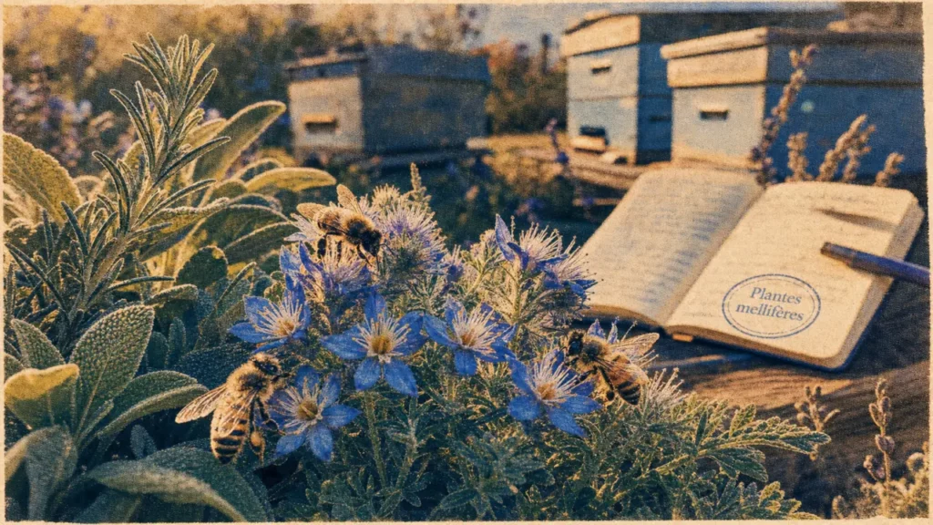 Plantes mellifere au jardin : abeilles sur fleurs bleues et jaunes