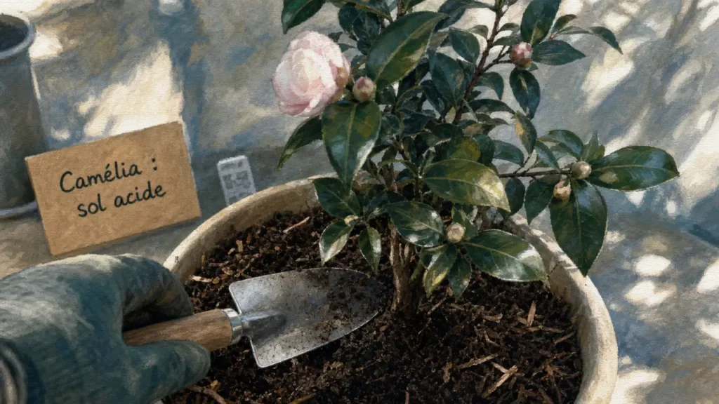 Quand planter un camelia en automne, hors gel ou début de printemps, en sol acide.