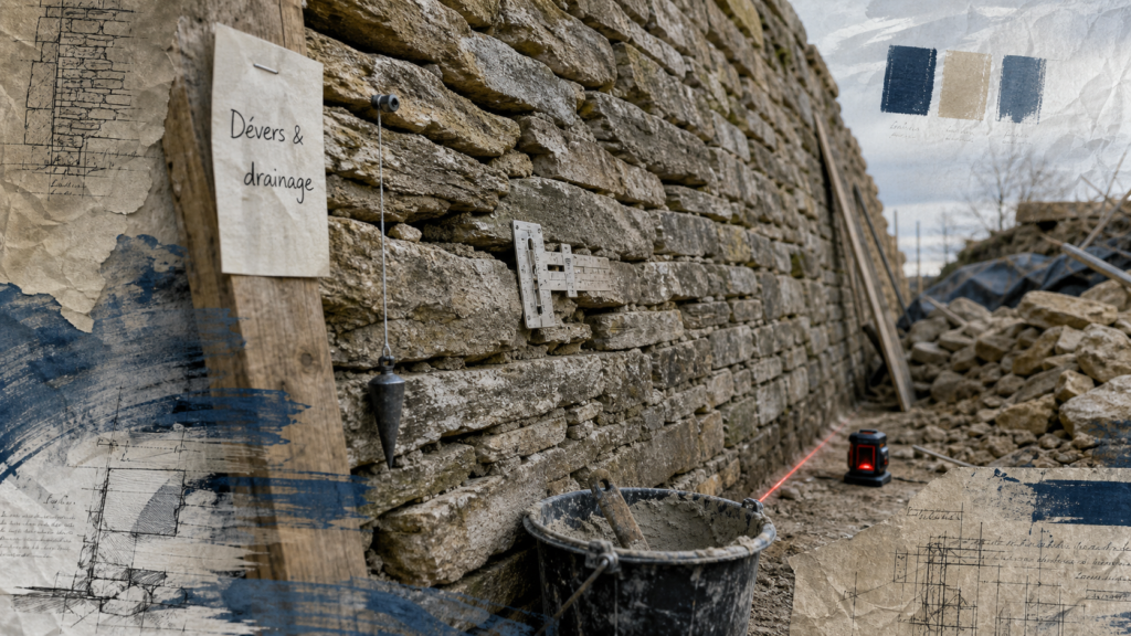 Renforcer un mur en pierre qui penche : fil à plomb, jauge fissure et drainage