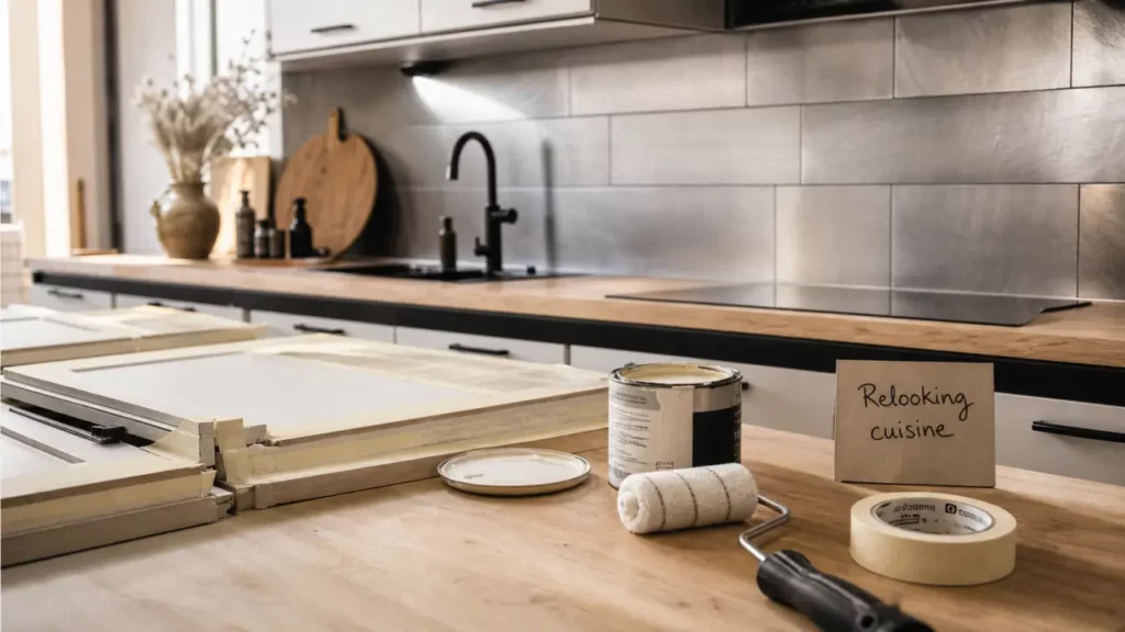 Rénover sa cuisine sans changer les meubles : peinture et nouvelles façades, crédence métal brossé.