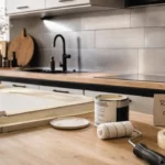 Rénover sa cuisine sans changer les meubles : peinture et nouvelles façades, crédence métal brossé.
