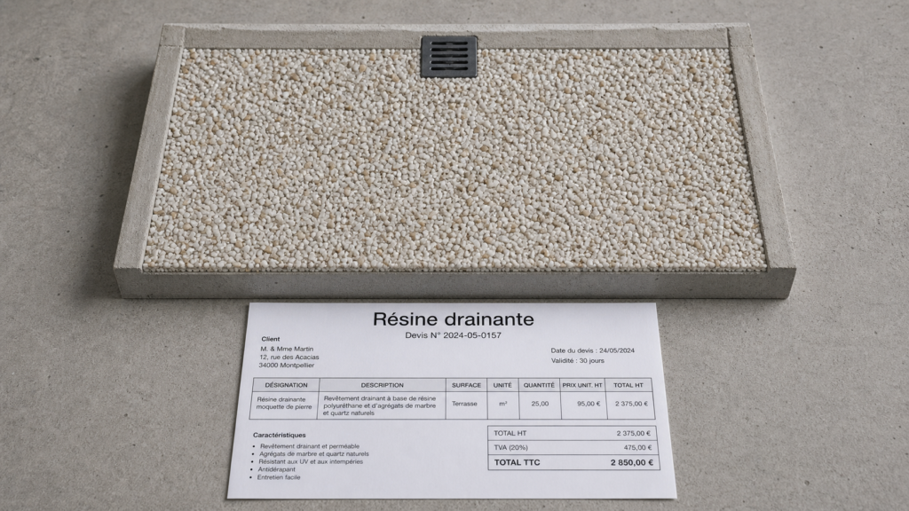 Résine drainante sur dalle béton, vue texture et drain