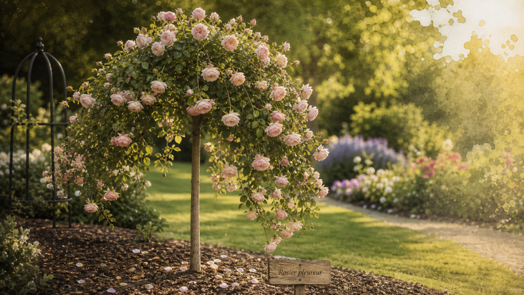 Rosiers tiges pleureurs en boule et cascade, bonne hauteur de greffe