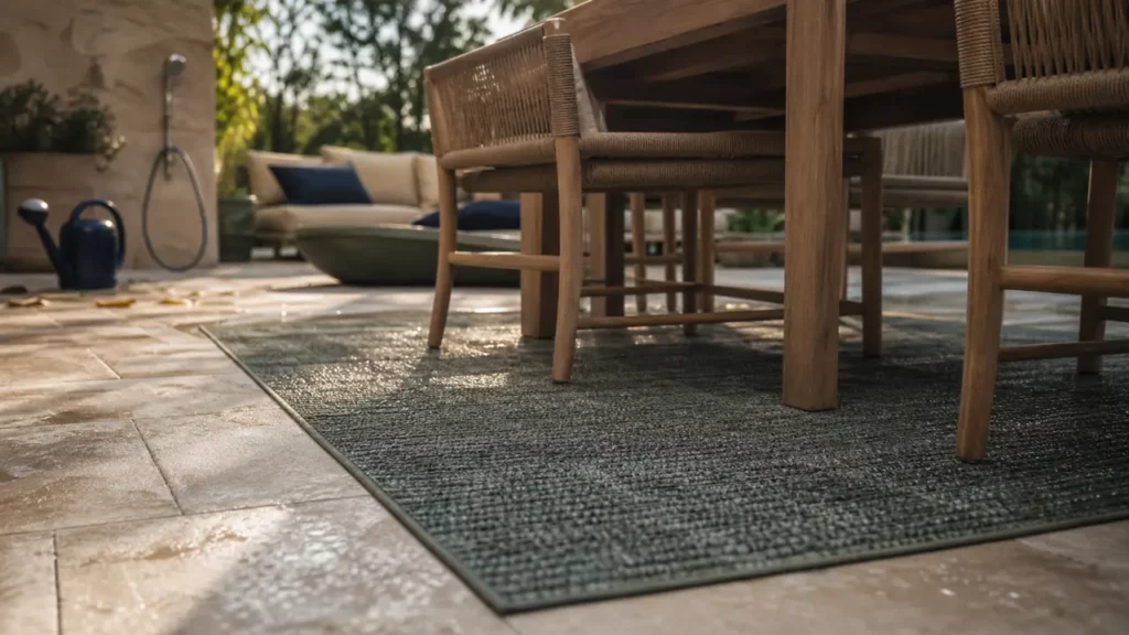 Tapis d'exterieur rectangulaire sous table en teck, terrasse après pluie