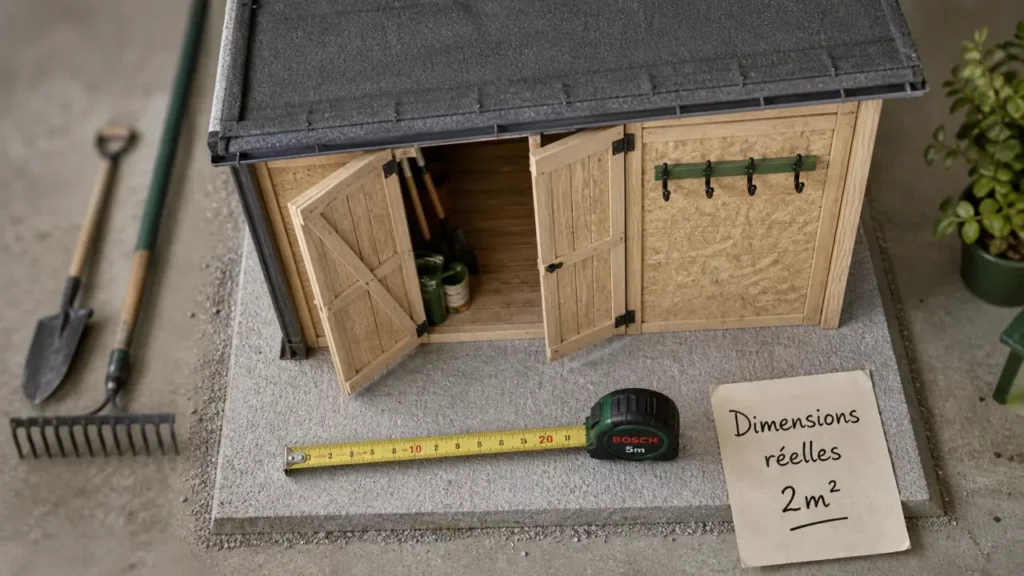 Abri de jardin 2m2 : dimensions réelles, matière et options à vérifier