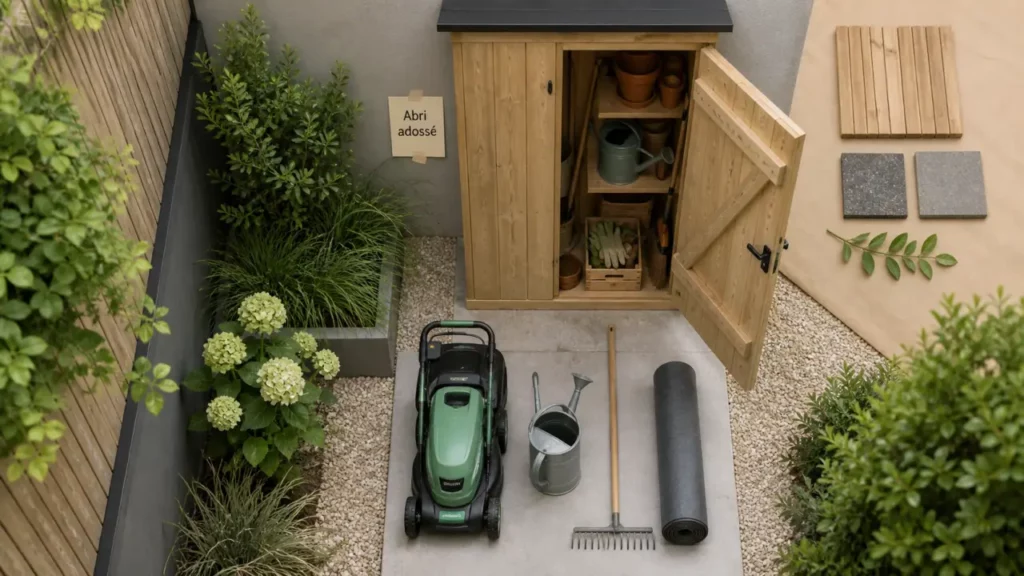 Abri de jardin adossé en bois, rangement compact pour outils de jardin