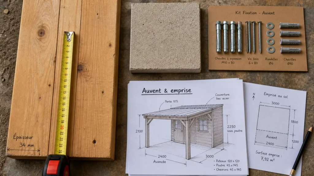 Abri de jardin avec auvent : madriers 28, 34 ou 44 mm, mesure et emprise