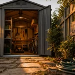 Abri de jardin cdiscount en métal gris, porte double ouverte