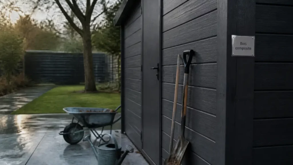 Abri de jardin composite gris anthracite, bois sans lasure, peu d’entretien