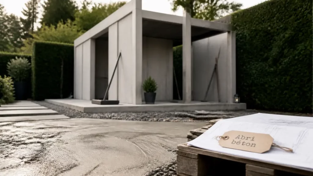 Abri de jardin en beton : montage sur dalle béton, haie et gravier