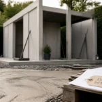 Abri de jardin en beton : montage sur dalle béton, haie et gravier