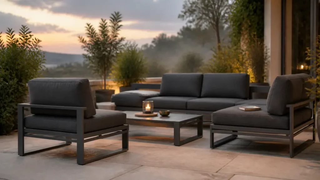 alinea salon de jardin aluminium polywood avec coussins 10 cm