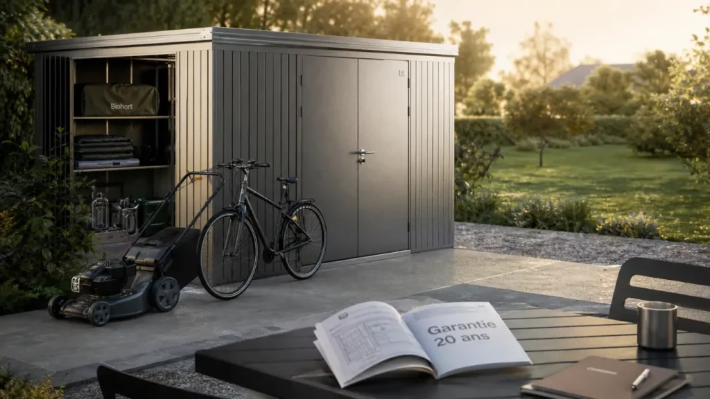 Biohort abri de jardin en acier, portes doubles verrouillées, sécurité et design