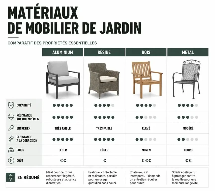 Comparatif des matériaux pour salon de jardin Hespéride : aluminium, résine, bois et métal