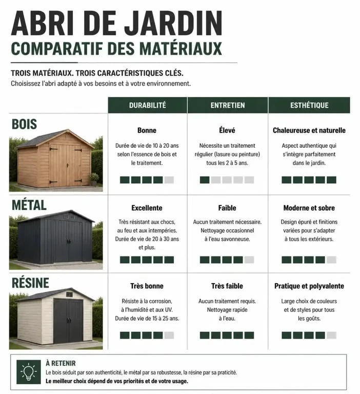 Comparatif des matériaux pour abri de jardin bricomarché : bois, métal et résine