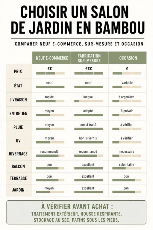 Salon de jardin bambou : infographie comparative sur le neuf, l’occasion et le sur-mesure