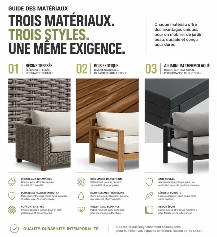 Comparatif des matériaux pour salon de jardin Auchan : résine, bois et aluminium.