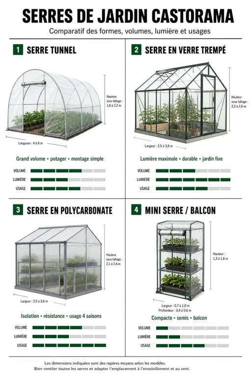 Serre de jardin Castorama : comparaison visuelle des modèles tunnel, verre trempé, polycarbonate et mini serre