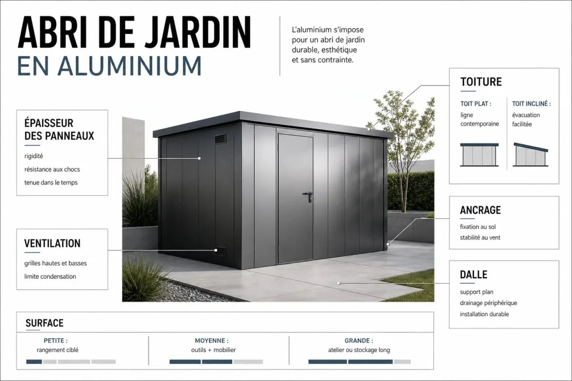 Infographie comparative sur l’abri de jardin aluminium : surface, toiture, épaisseur et installation
