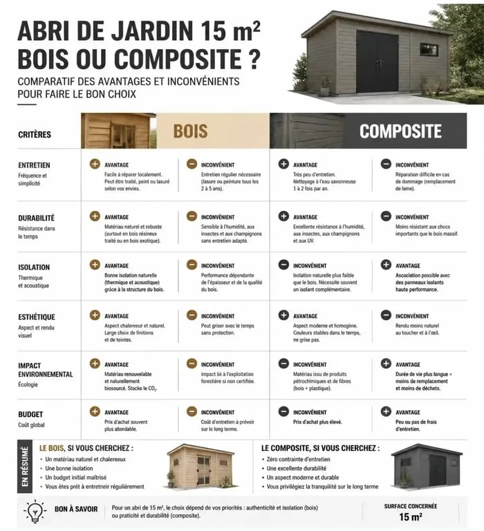 Comparatif des matériaux pour abri de jardin 15 m2 : bois contre composite