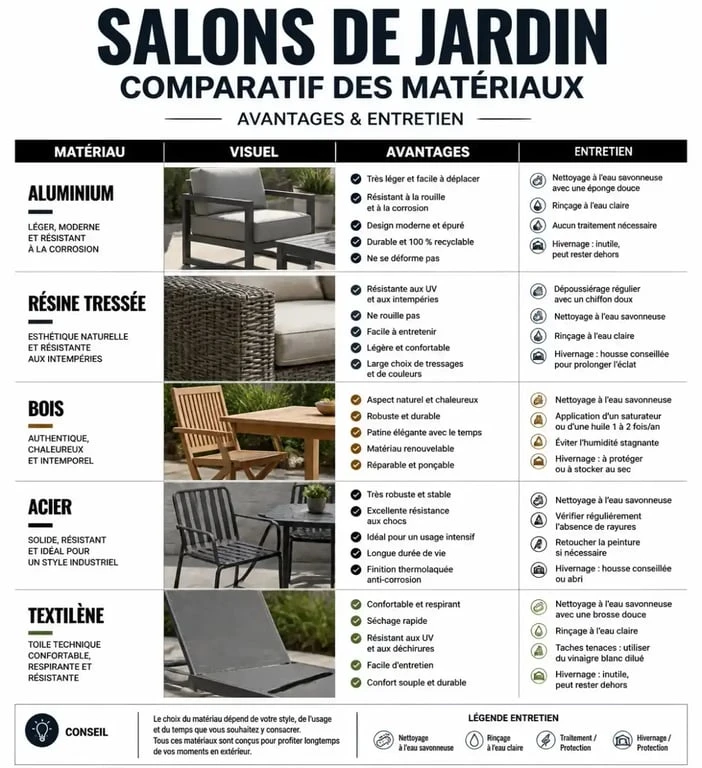 Comparatif des matériaux pour salon de jardin But : durabilité et entretien