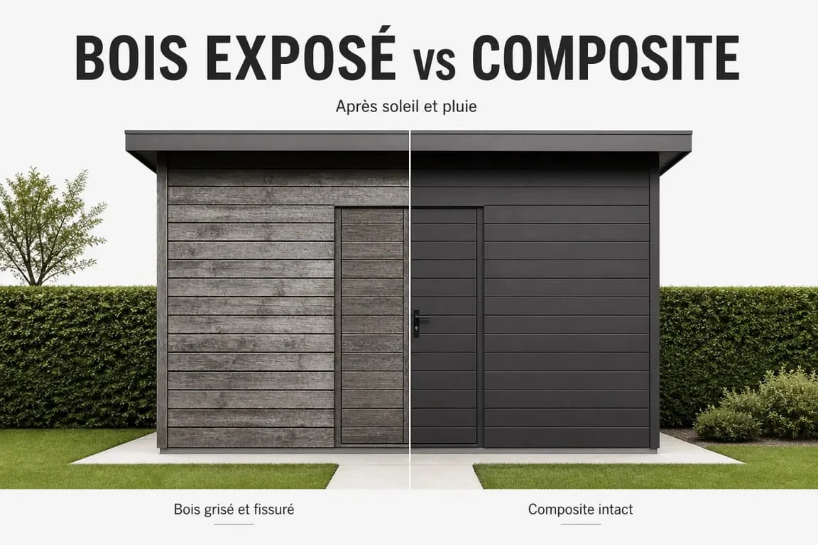 Abri de jardin composite comparé à un bois grisé dans un jardin, pour visualiser la durabilité et l’entretien réduit