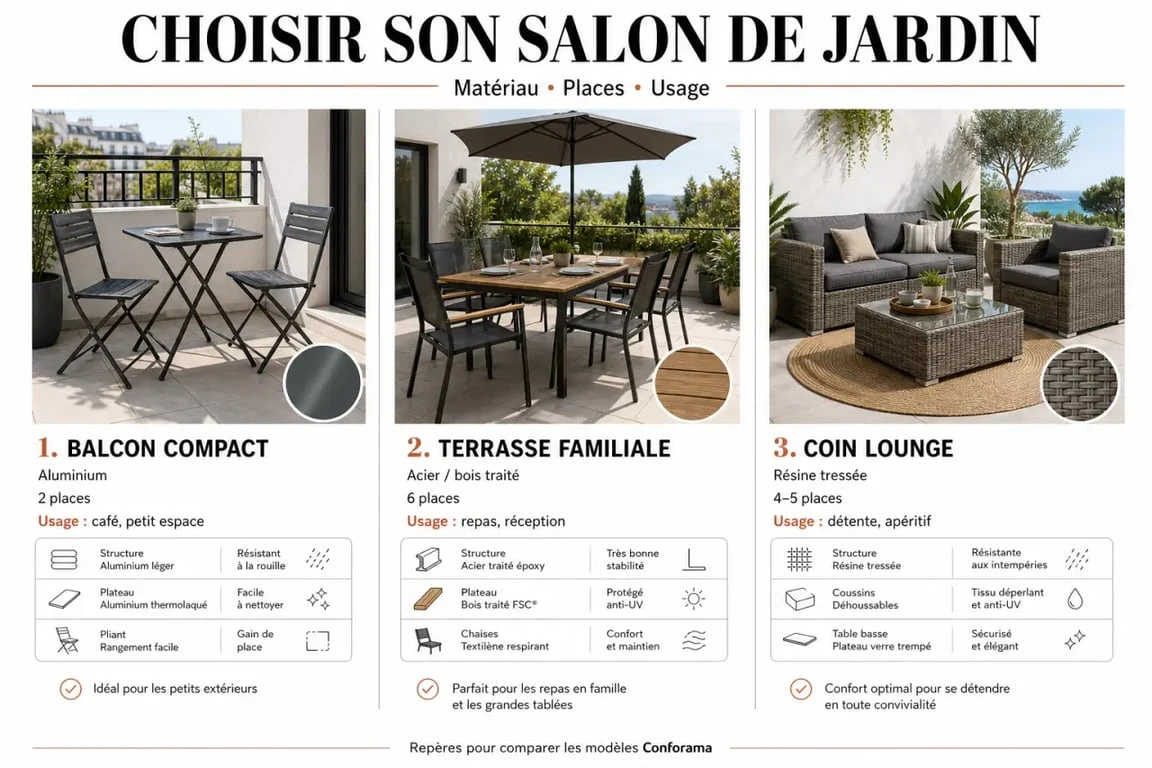 Salon de jardin Conforama : comparaison visuelle des formats, matériaux et usages selon l’espace disponible