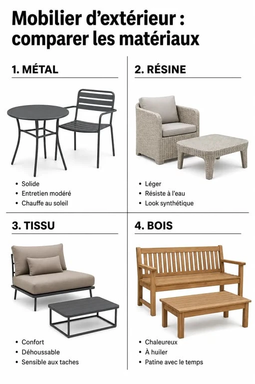 Truffaut salon de jardin : comparaison visuelle des matériaux métal, résine, tissu et bois