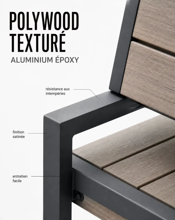 Détail des matériaux d'un salon de jardin Alinéa en aluminium et polywood