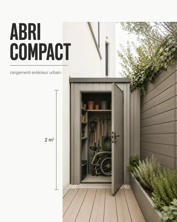 Abri de jardin 2m2 dans un petit jardin urbain pour visualiser l’encombrement
