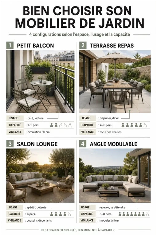 Salon de jardin Lidl : comparaison visuelle des configurations balcon, repas, lounge et angle