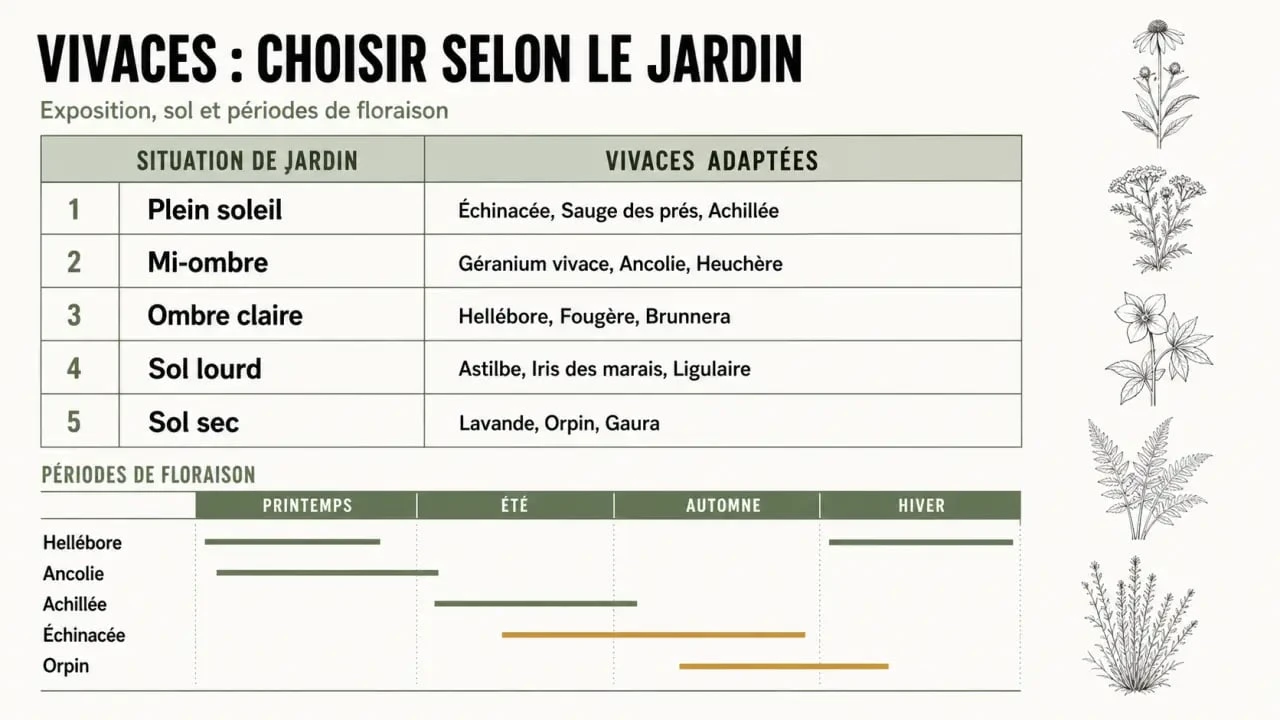 Plantes vivaces : tableau visuel des expositions, sols et périodes de floraison