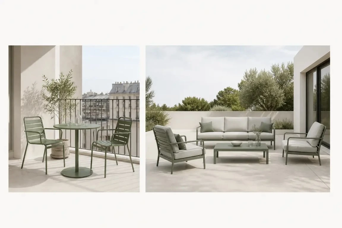 Salon de jardin Fermob sur petit balcon et grande terrasse avec deux ambiances complémentaires