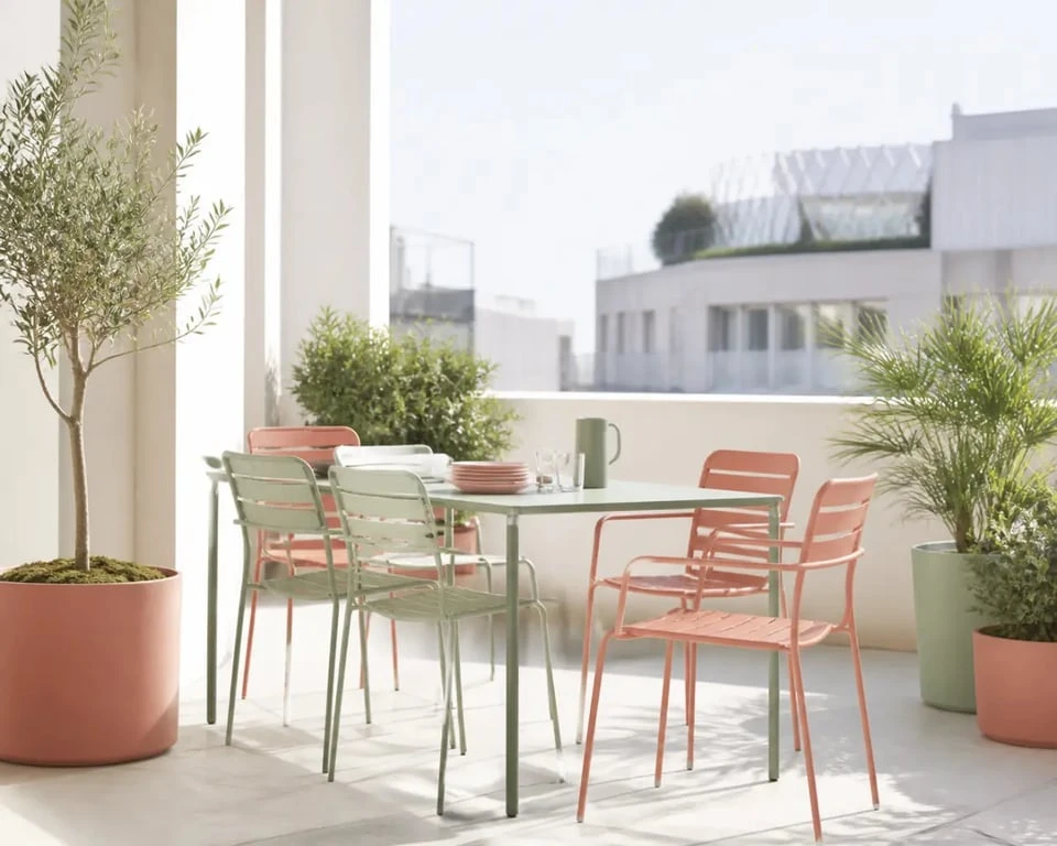 Salon de jardin Fermob coloré sur une terrasse contemporaine avec table et chaises en métal
