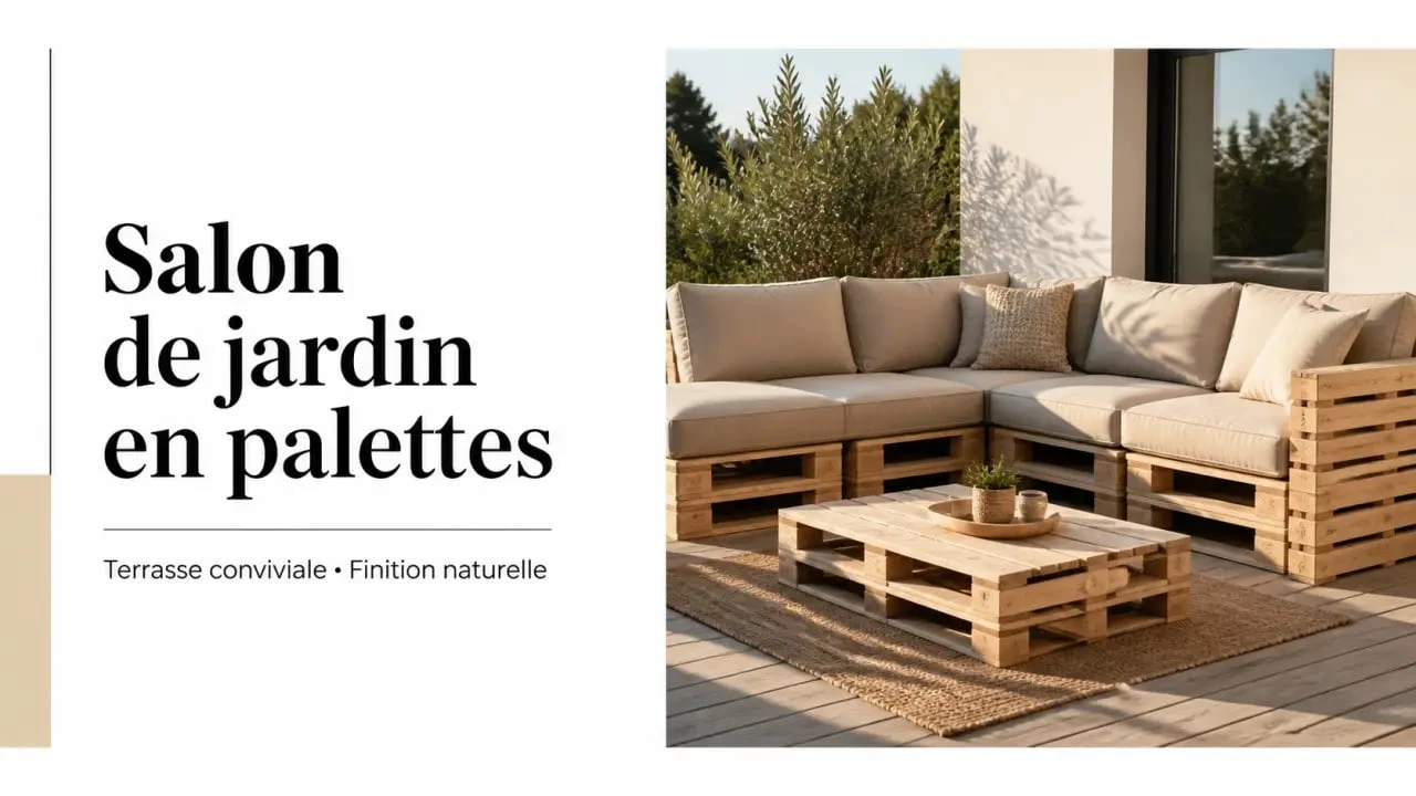 Salon de jardin palette terminé sur une terrasse avec coussins beiges et table basse assortie