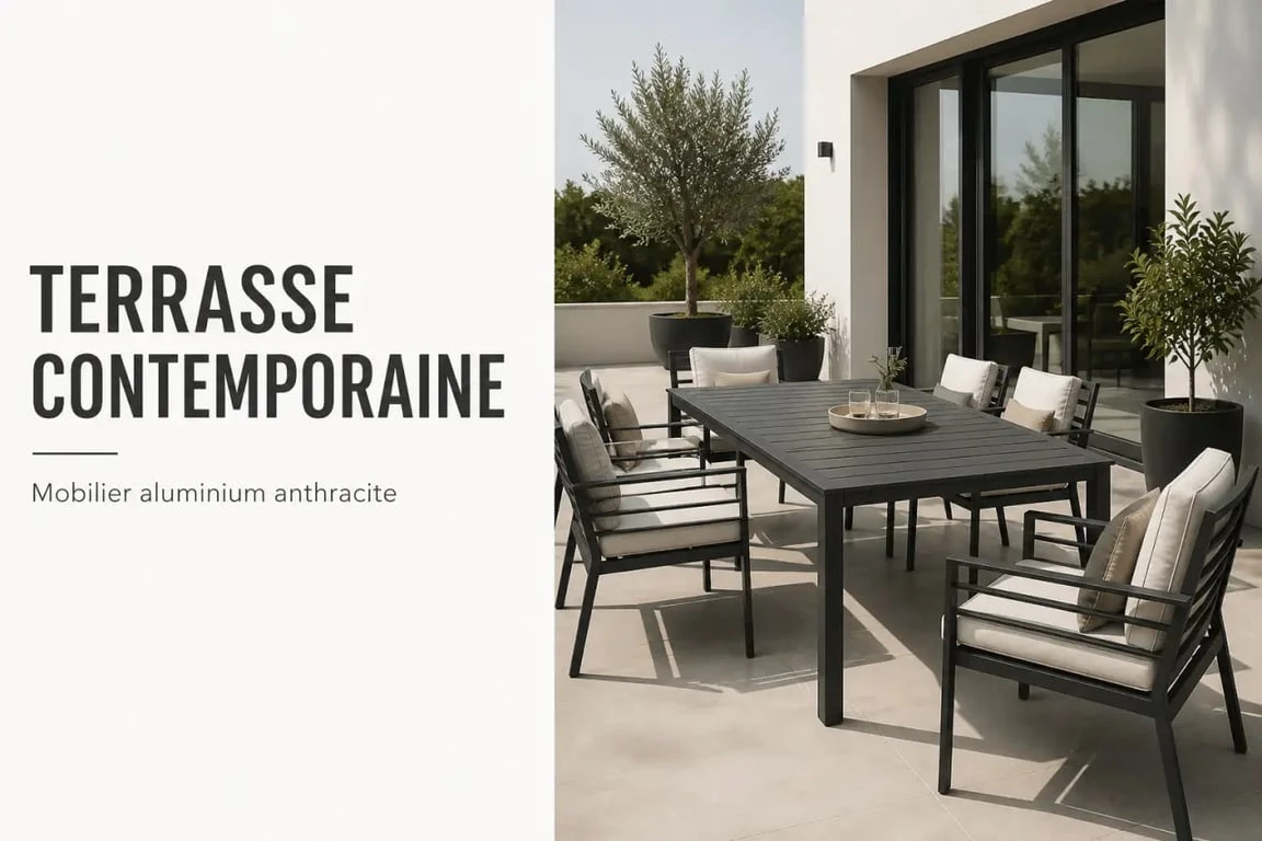 Salon de jardin en metal sur une terrasse contemporaine avec table et chaises en aluminium anthracite