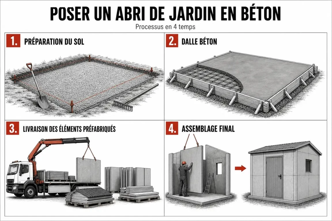 Pose d'un abri de jardin en beton en quatre étapes sur dalle préparée