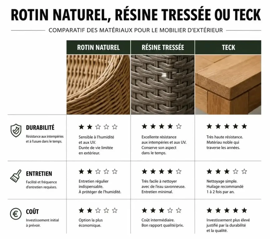 Comparatif des matériaux pour salon de jardin osier et résine tressée