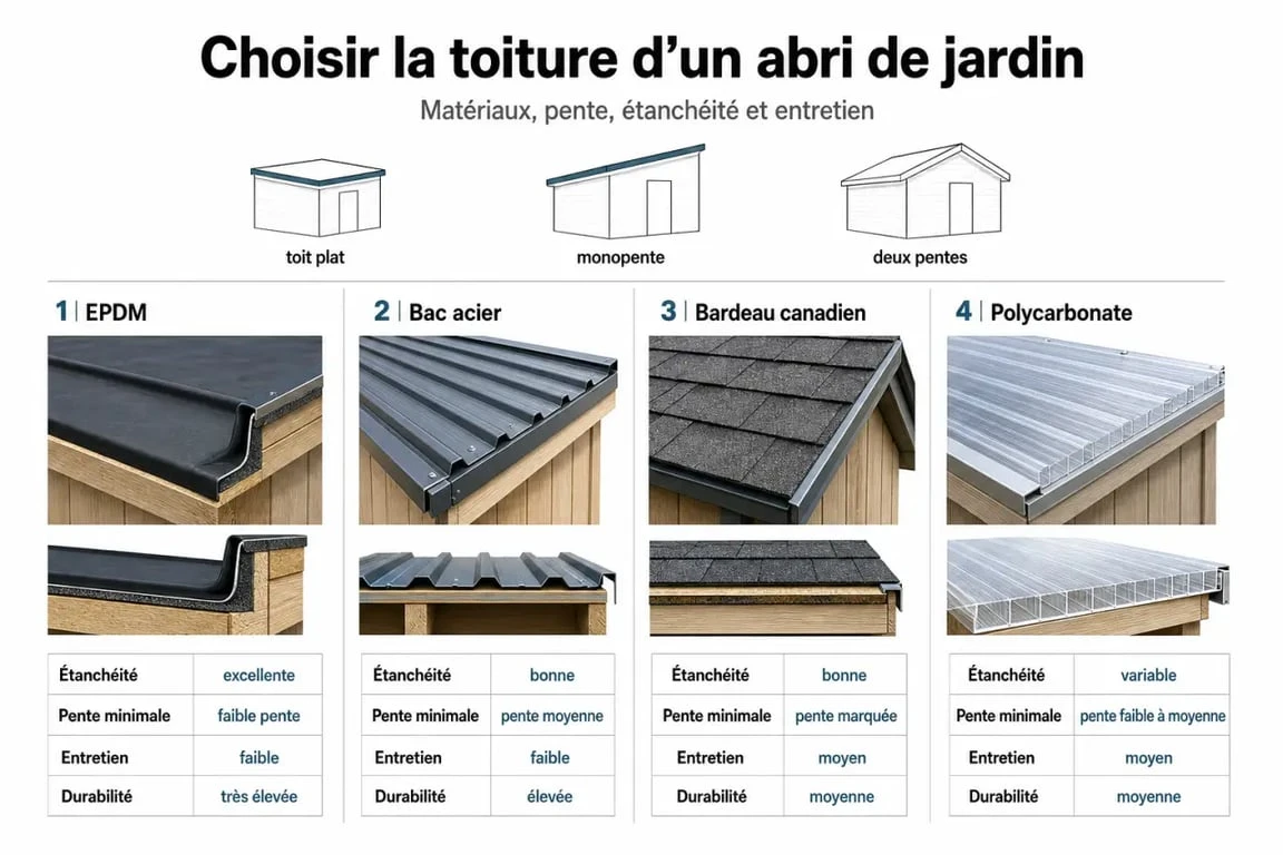 Comparatif visuel de toiture abri de jardin avec EPDM, bac acier et bardeau canadien