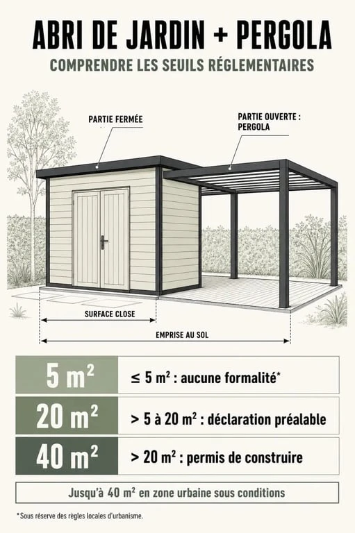Abri de jardin avec pergola illustré avec les seuils de surface et d’autorisation à vérifier avant installation