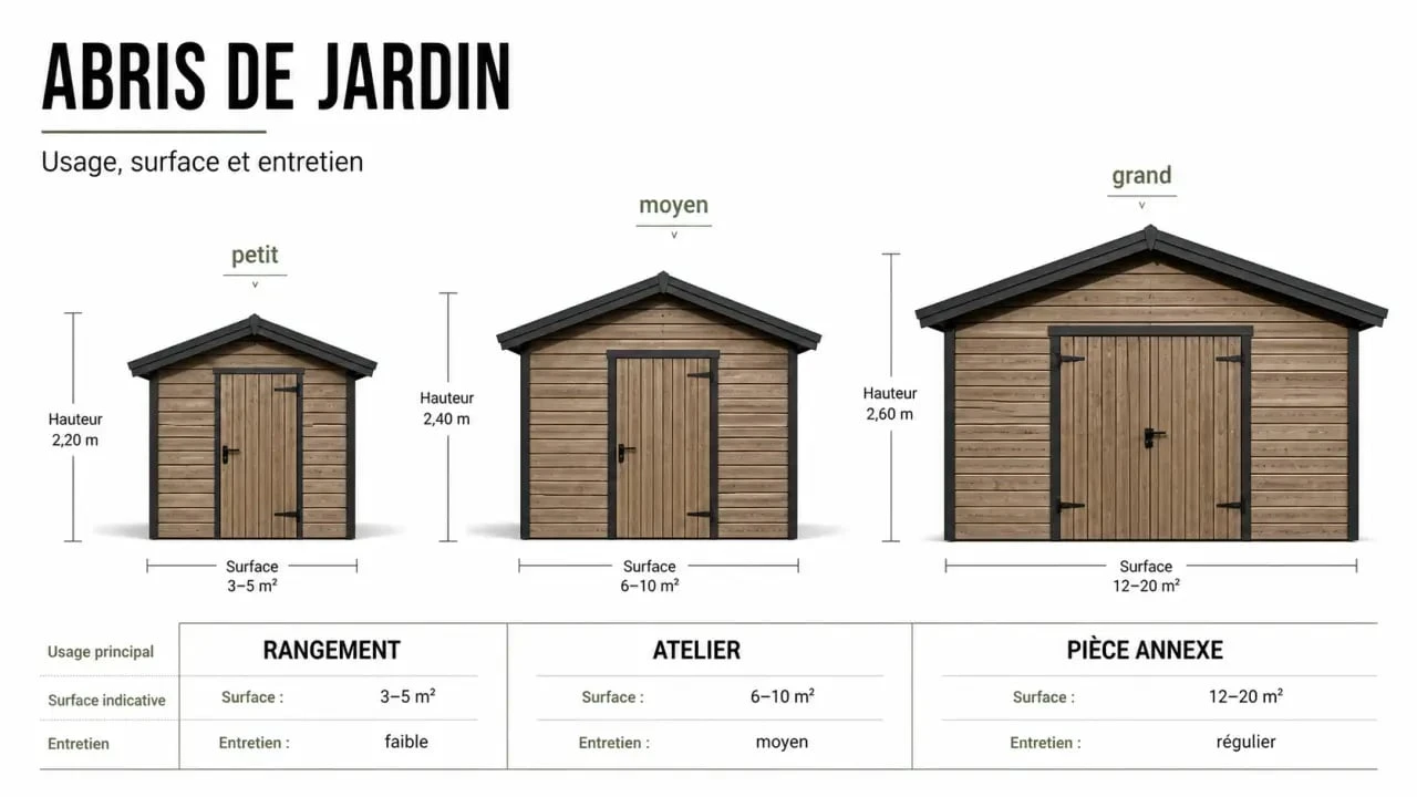 Abri de jardin bois bricodepot : comparaison des formats compact, intermédiaire et grand dans un jardin