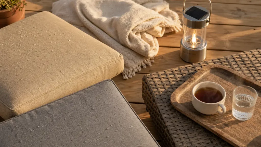 Salon de jardin cocooning : coussins et plaid sur table d’extérieur pour soirées confort