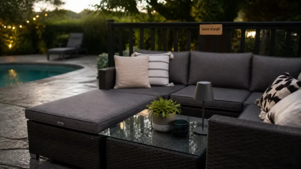 Salon de jardin d’angle en résine tressée sombre avec coussins et table verre