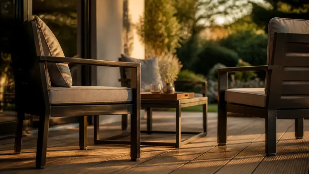 Salon de jardin en metal anthracite sur terrasse, près d’une baie vitrée