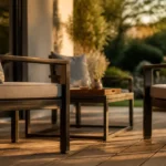 Salon de jardin en metal anthracite sur terrasse, près d’une baie vitrée