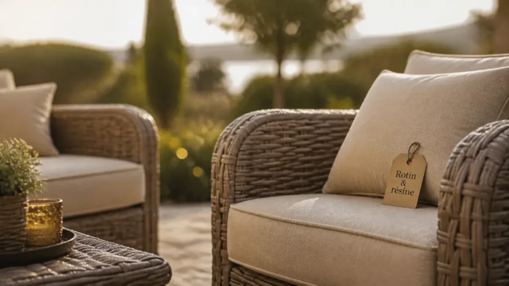 Salon de jardin en rotin en résine tressée sur terrasse
